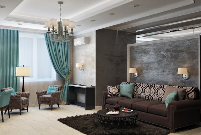 living room with long blue curtains